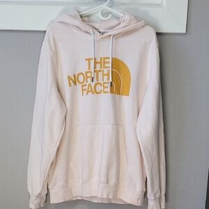 The North Face - Light Pink Hoodie with Yellow Logo - Large (Preloved)